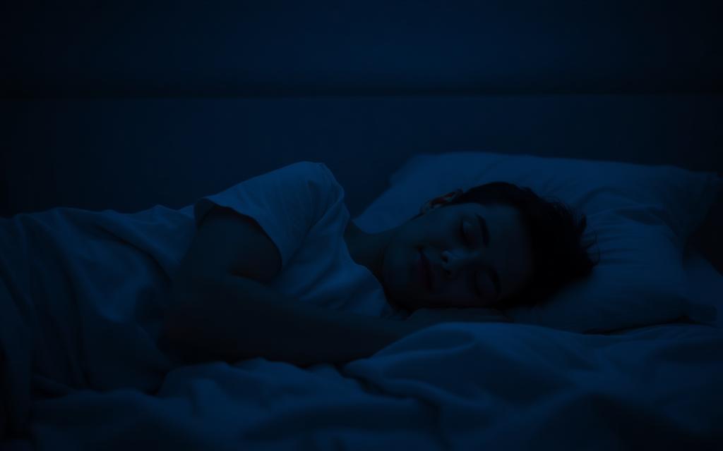 Persona durmiendo en una habitación oscura con luz azul
