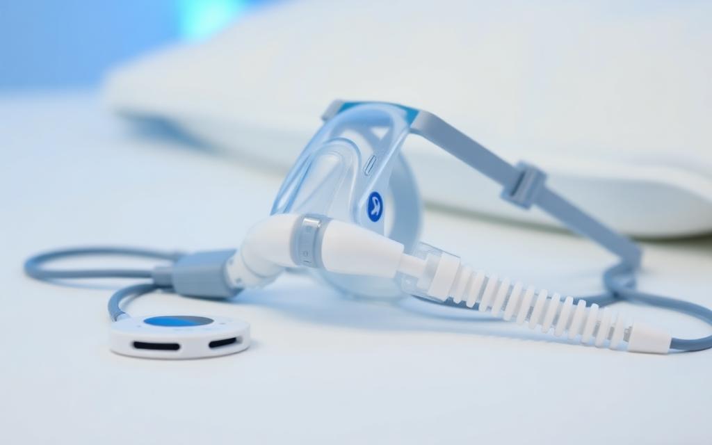 Mascarilla CPAP y sensores de estudio de sueño sobre superficie blanca